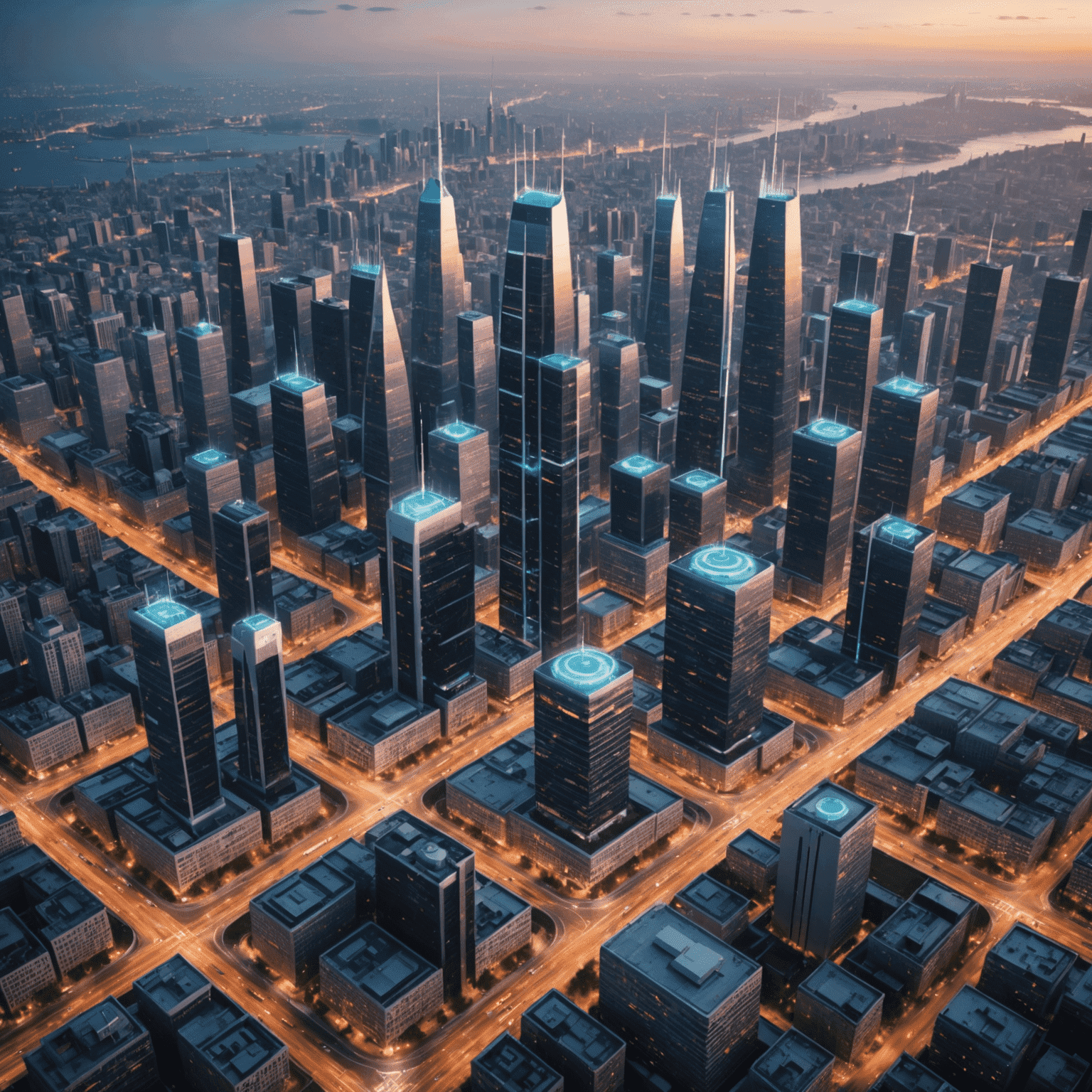 5G towers and antennas expanding across a cityscape, showing the growth of high-speed connectivity