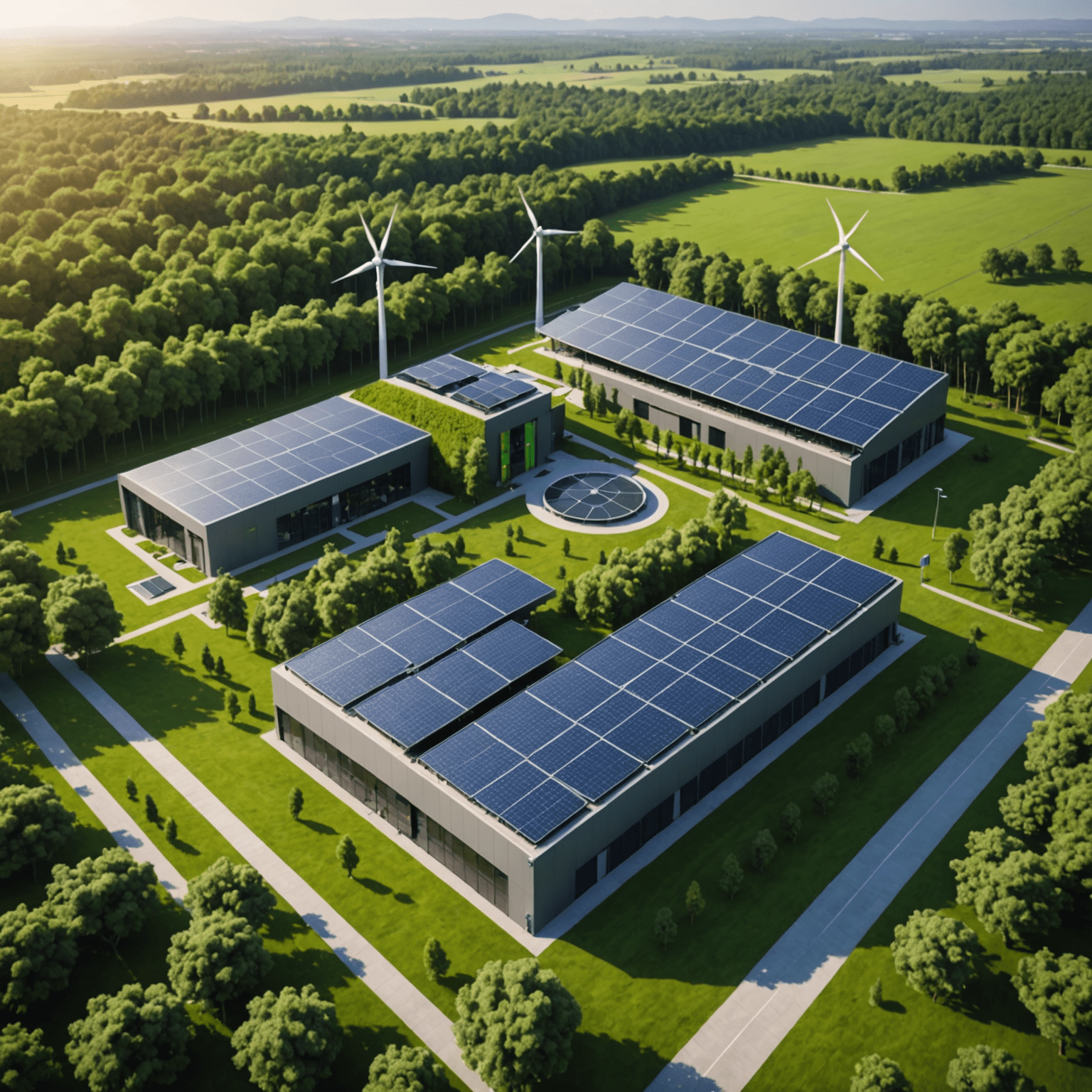Etisal's new eco-friendly data center with solar panels and wind turbines, surrounded by lush greenery