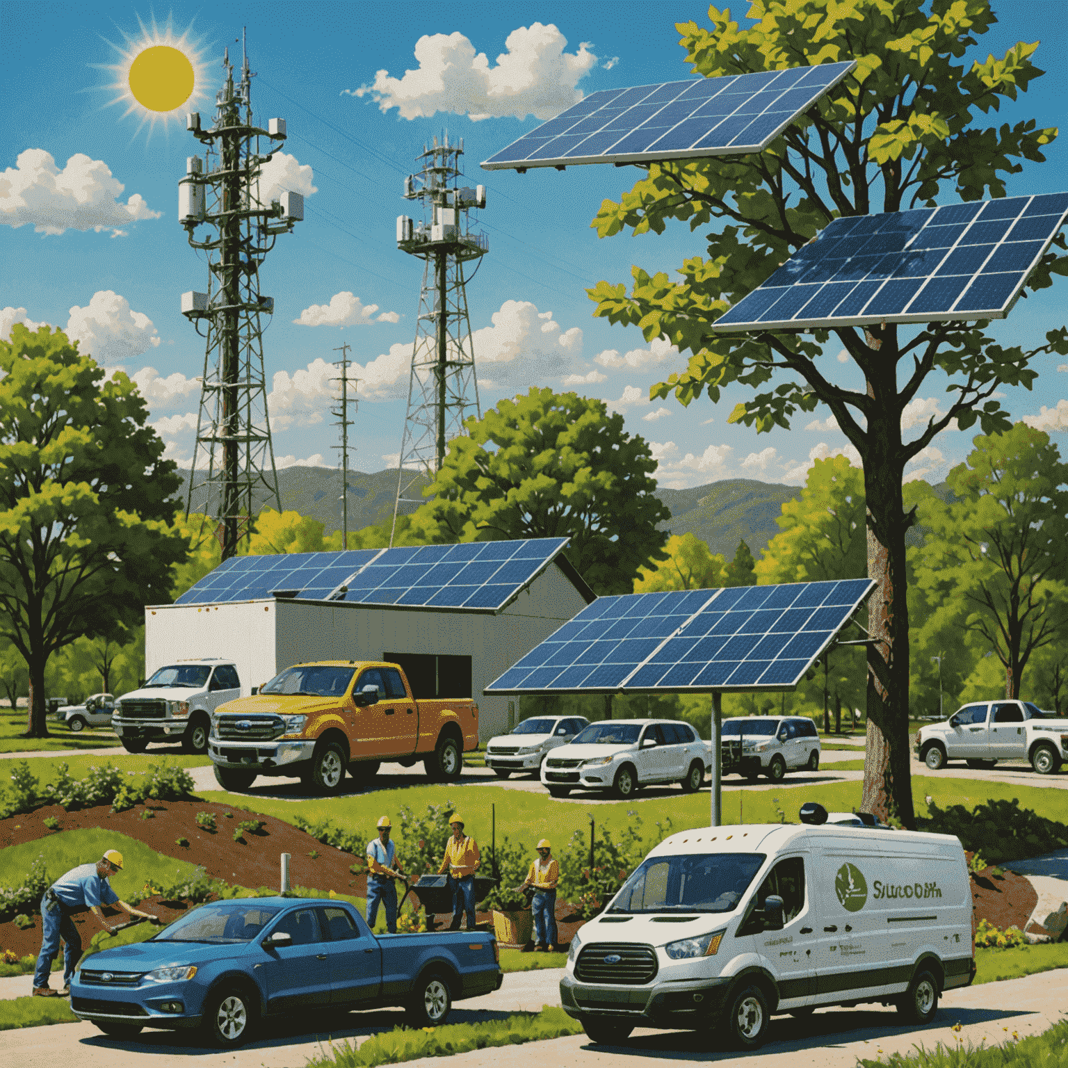 A collage showing solar panels on a cell tower, electric company vehicles, and employees planting trees