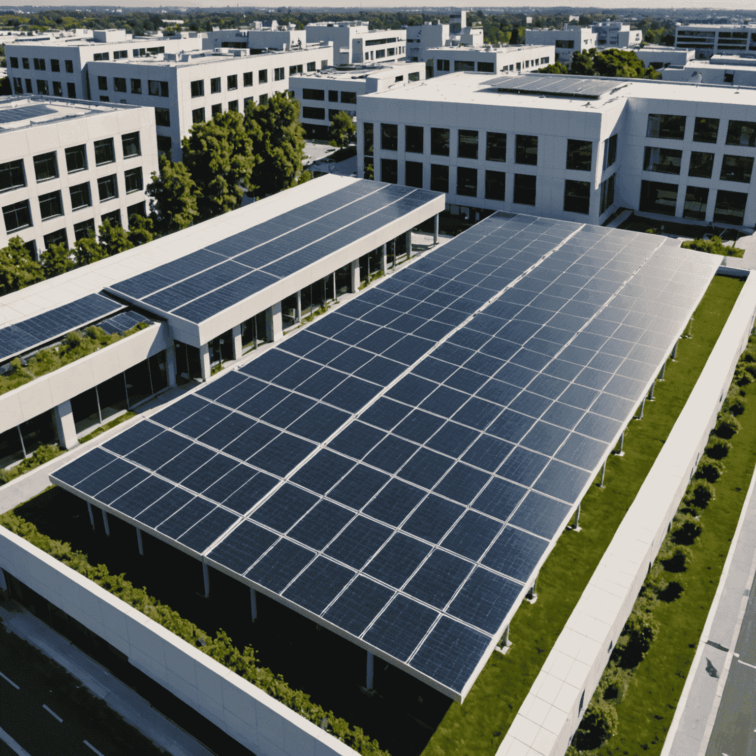 Solar panels installed on the roof of an Etisale office building, showcasing our commitment to renewable energy