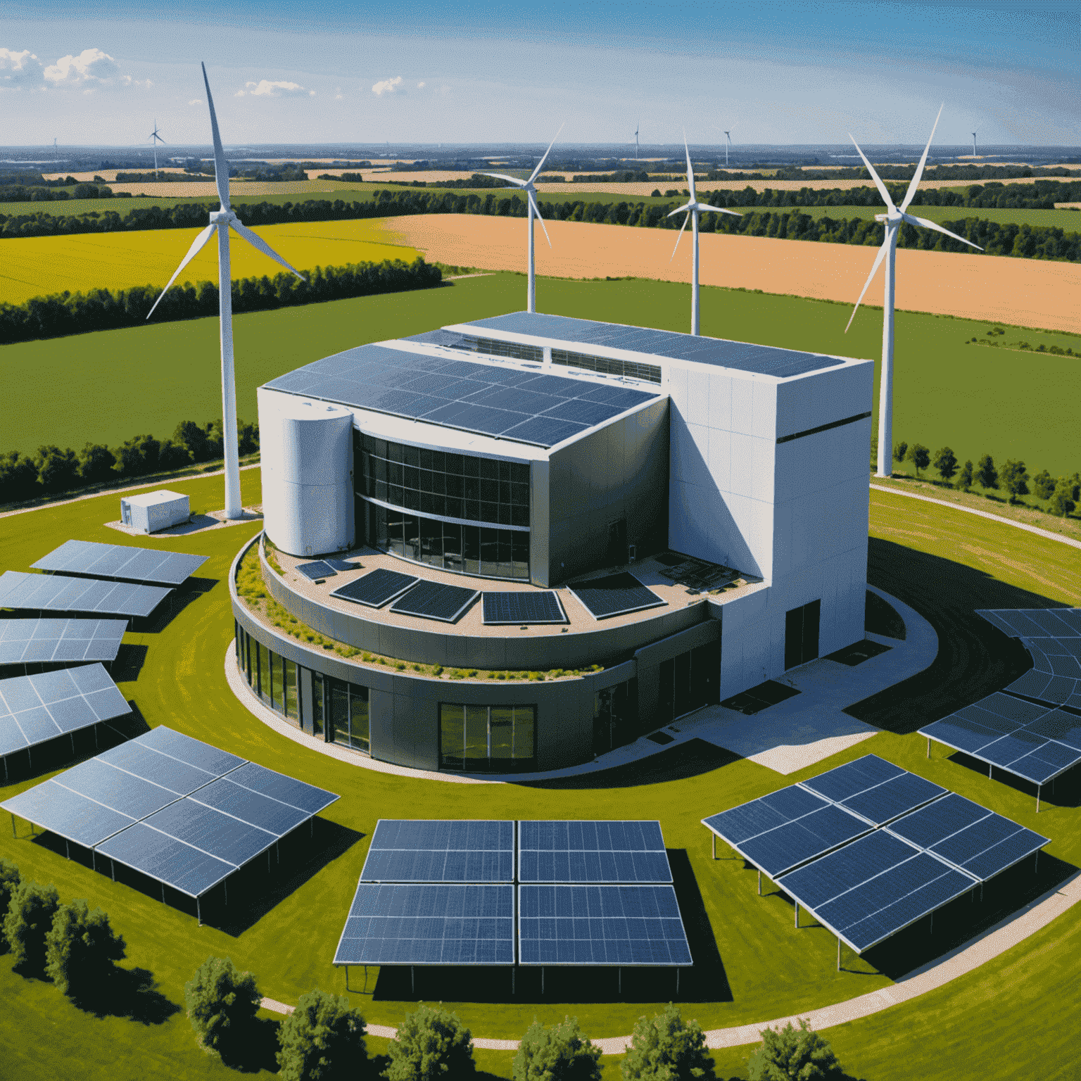 Modern eco-friendly data center with solar panels and wind turbines, showcasing sustainable technology