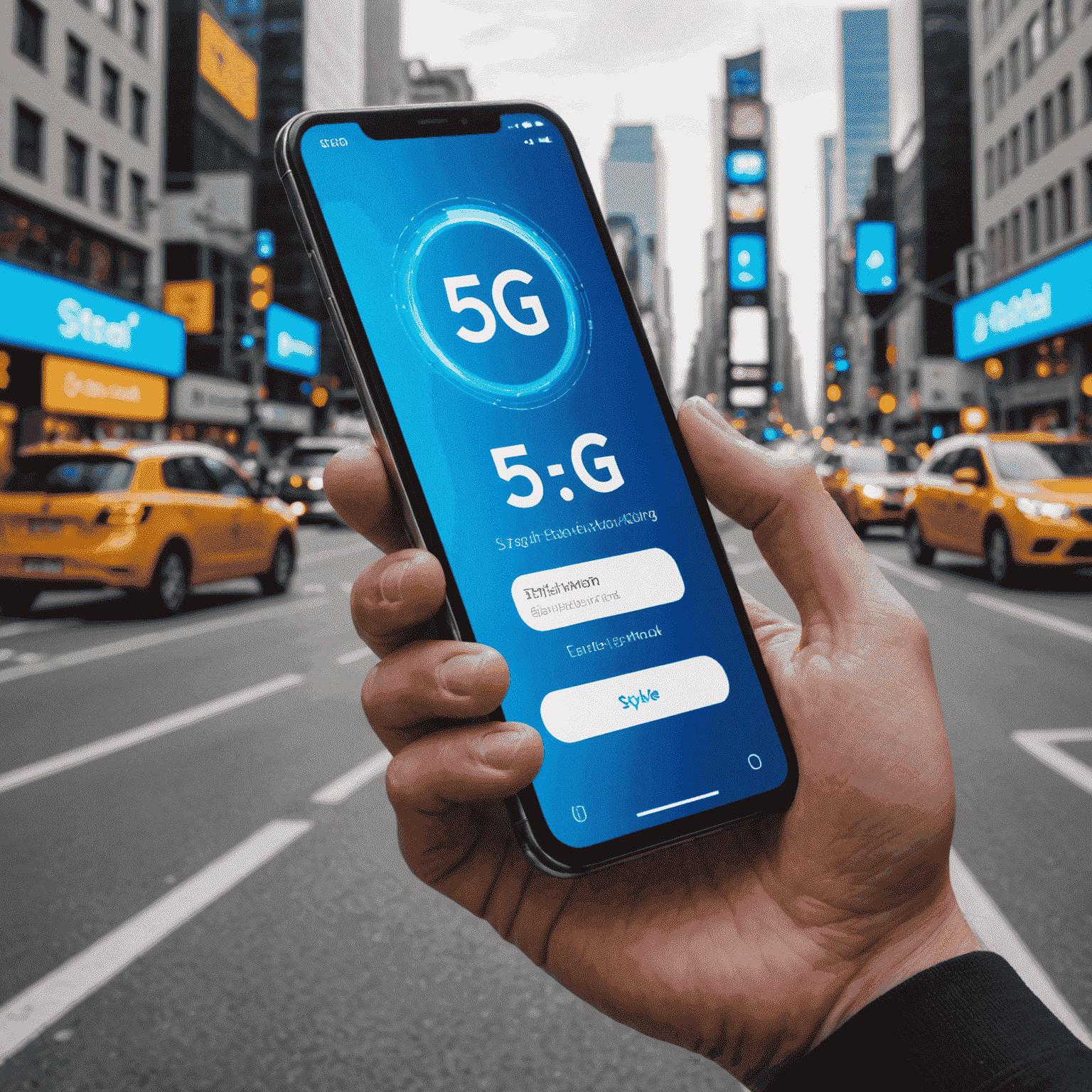 A person using a smartphone with Etisal's 5G network, showing incredibly fast download speeds on the screen