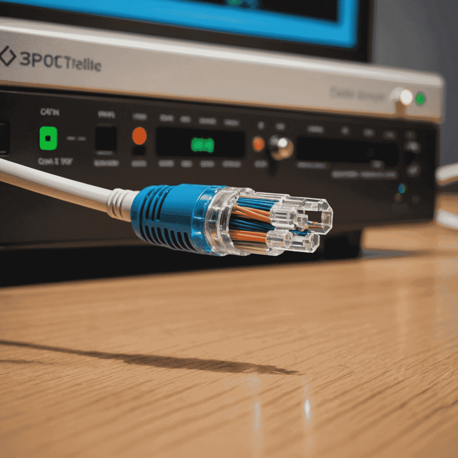A high-speed fiber optic cable connecting to a router, symbolizing fast internet connectivity