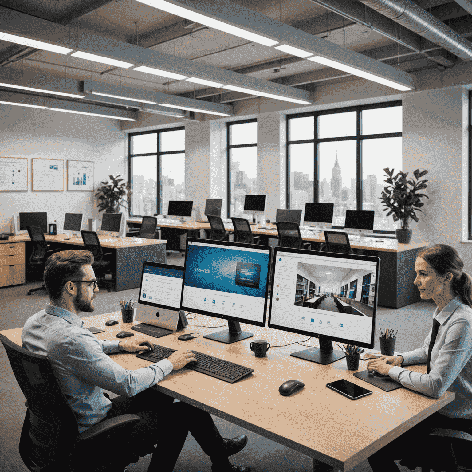 Professional office setting with multiple devices connected to high-speed internet