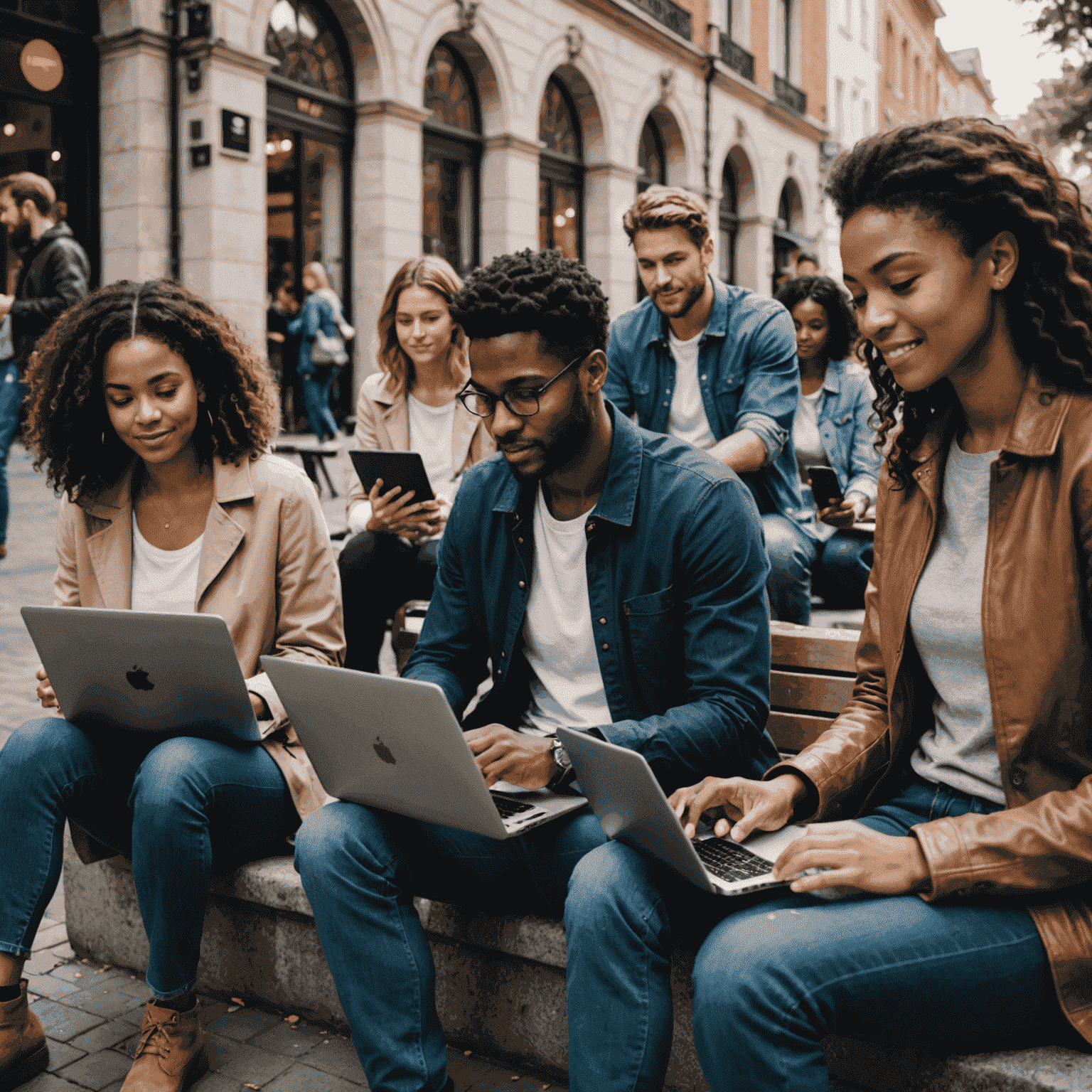 Diverse group of people using laptops and smartphones in a public space, representing free community Wi-Fi