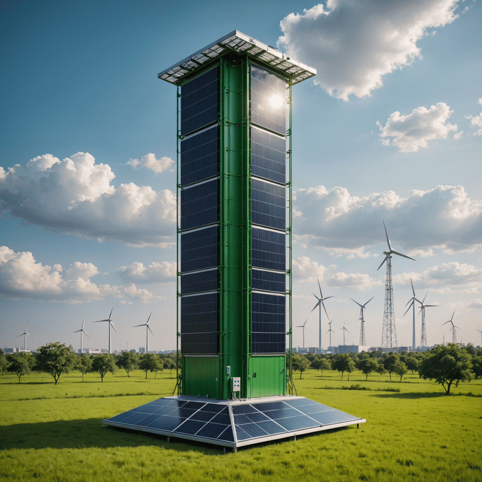 A green Etisal 5G tower powered by solar panels, symbolizing the company's commitment to sustainable technology