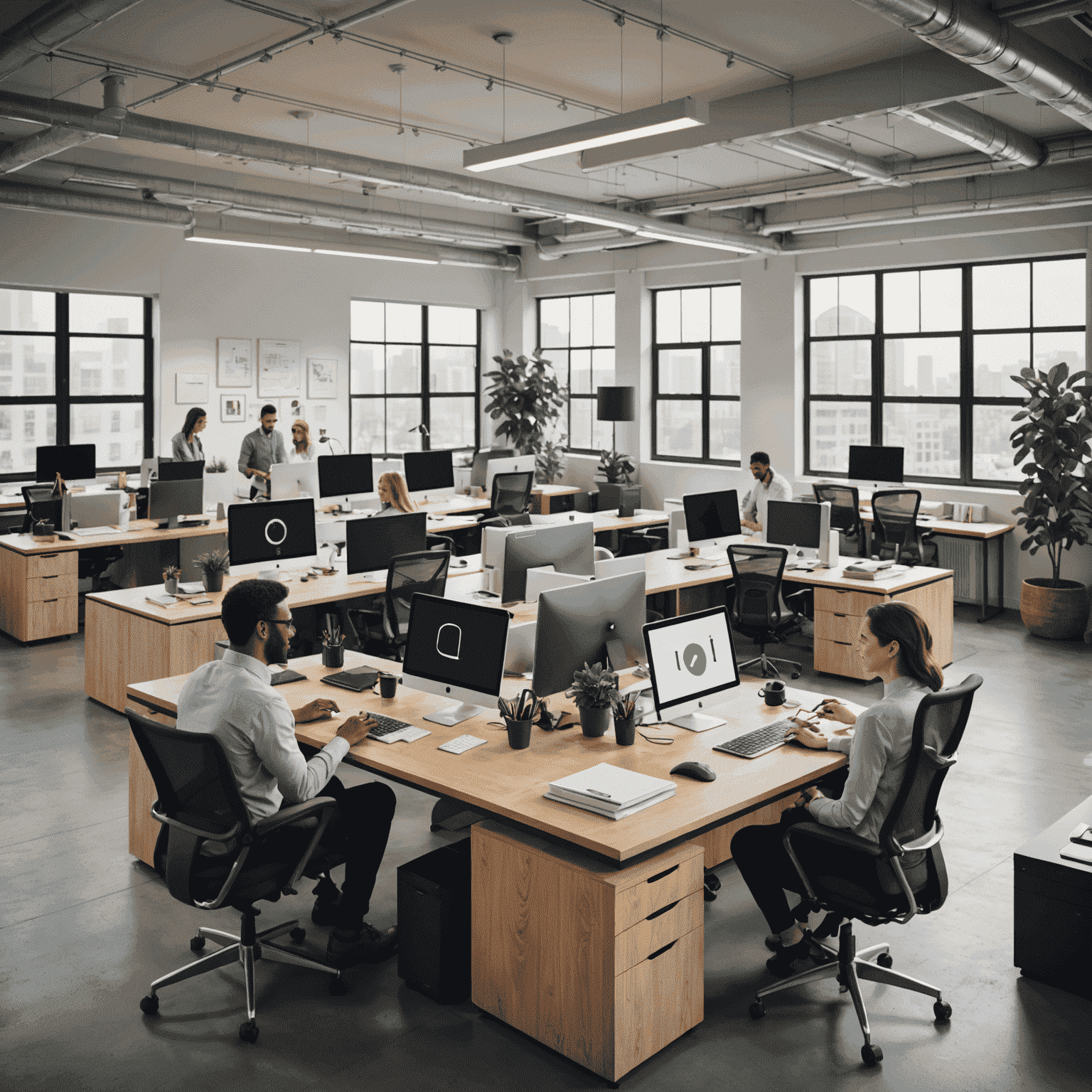 A modern office setting with various communication devices and a team collaborating