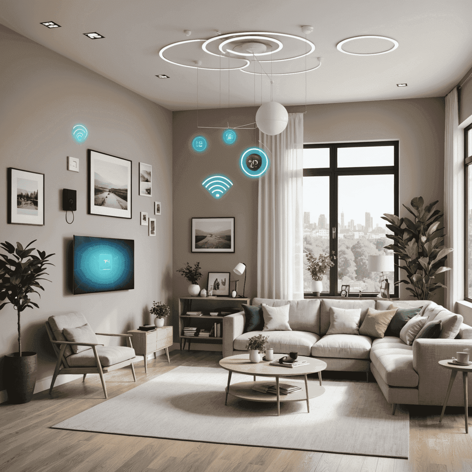 Modern home interior with various devices connected to Wi-Fi, emphasizing seamless connectivity