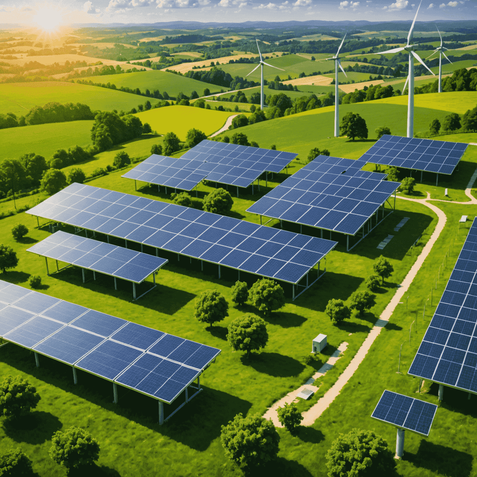A collage of eco-friendly technologies, solar panels, and green landscapes representing sustainability in telecom