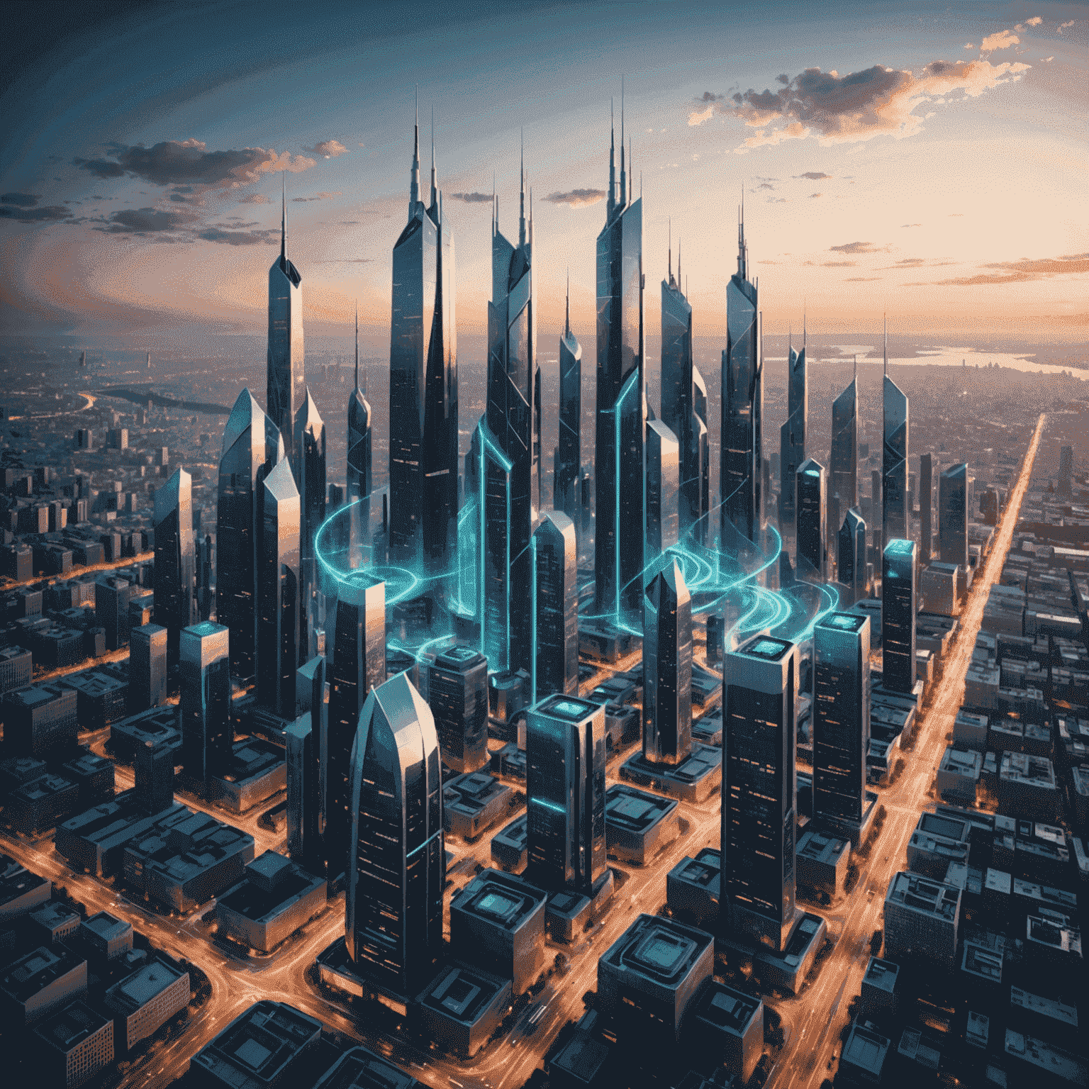 Futuristic cityscape with 5G towers, representing next-generation internet connectivity