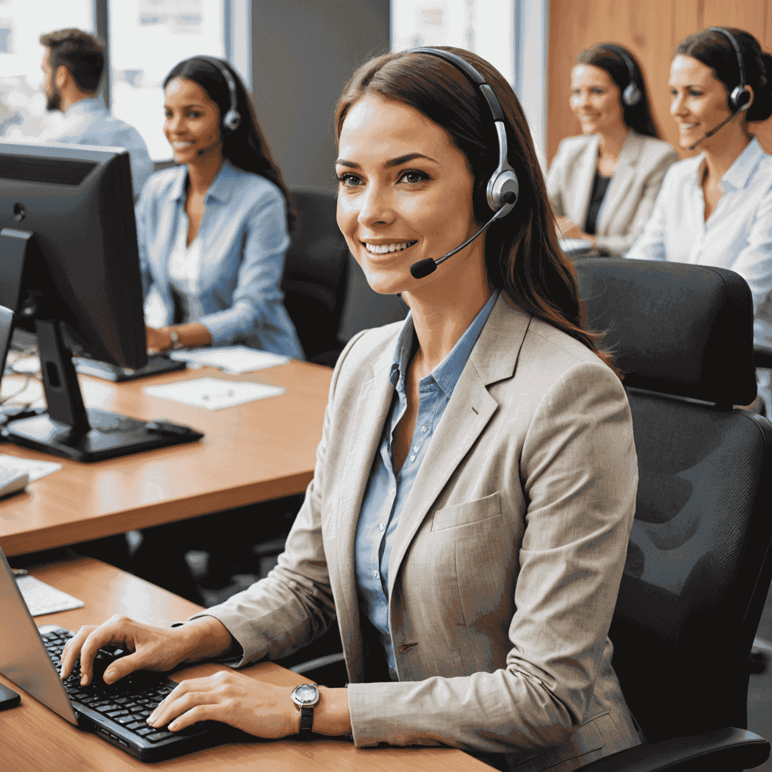 A friendly customer service representative assisting a client, surrounded by various support channels like chat, phone, and email